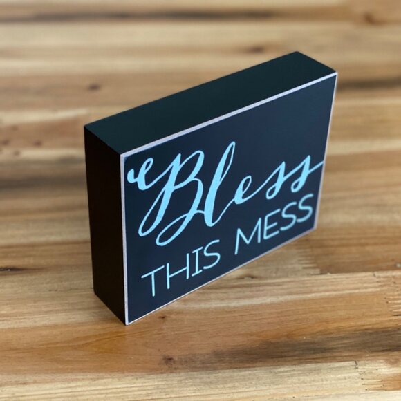 Bless this Mess home decoration block message sign black and white rustic decor - Picture 2 of 6
